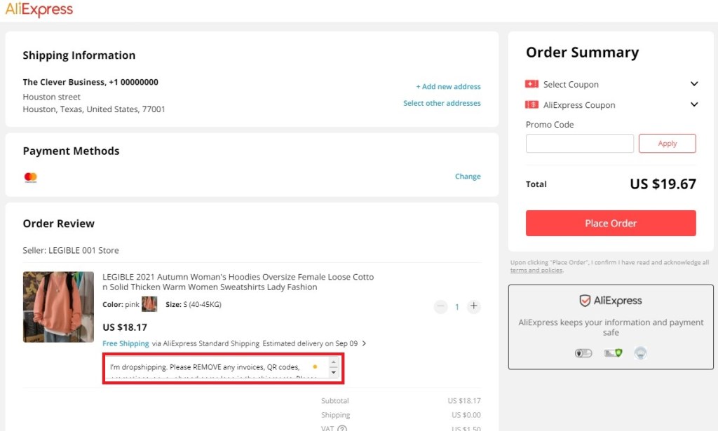 Add notes to AliExpress sellers about blind dropshipping 