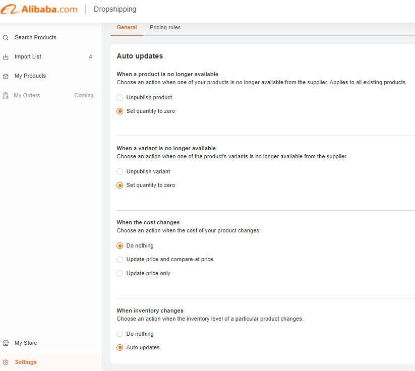 Alibaba Dropshipping Center auto update settings