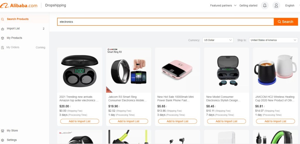 Alibaba Dropshipping Center search results