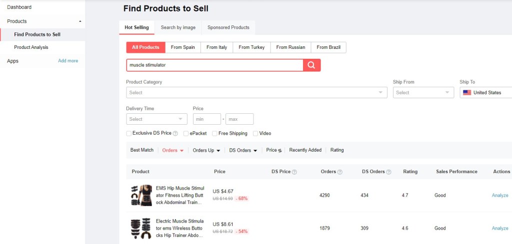 AliExpress "Find Products to Sell" window