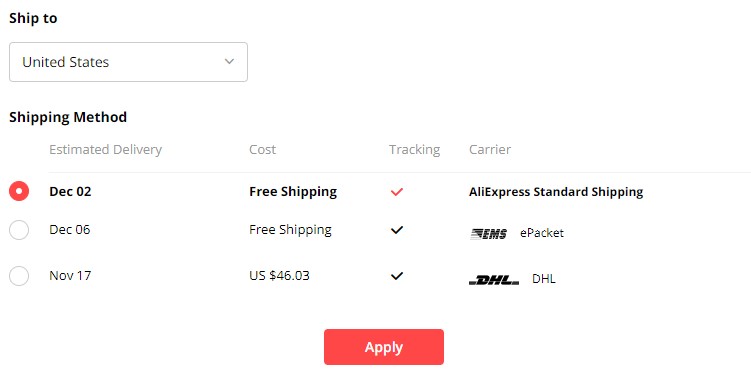 AliExpress product shipping methods and times