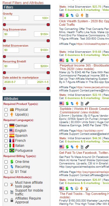 Clickbank filters and attributes