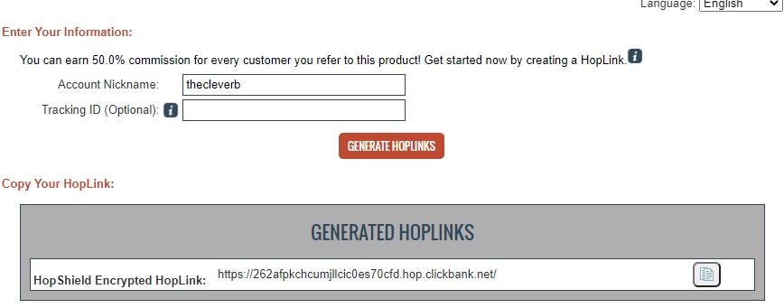ClickBank generated affiliate link