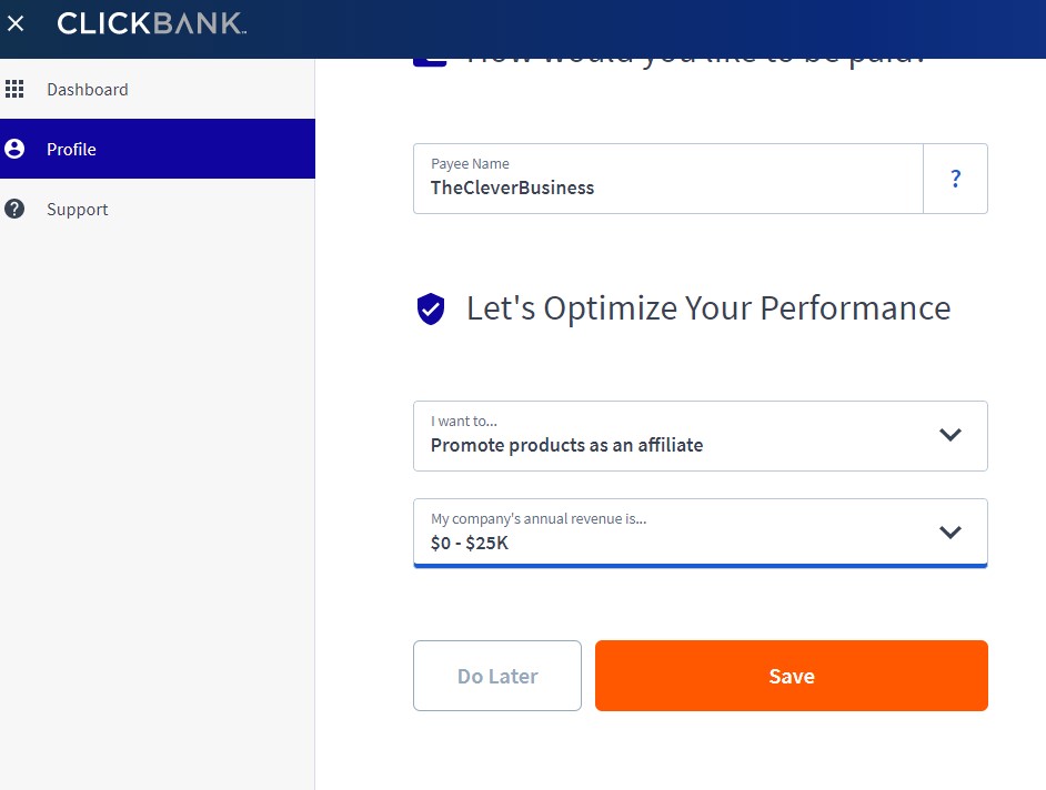 Clickbank profile setup