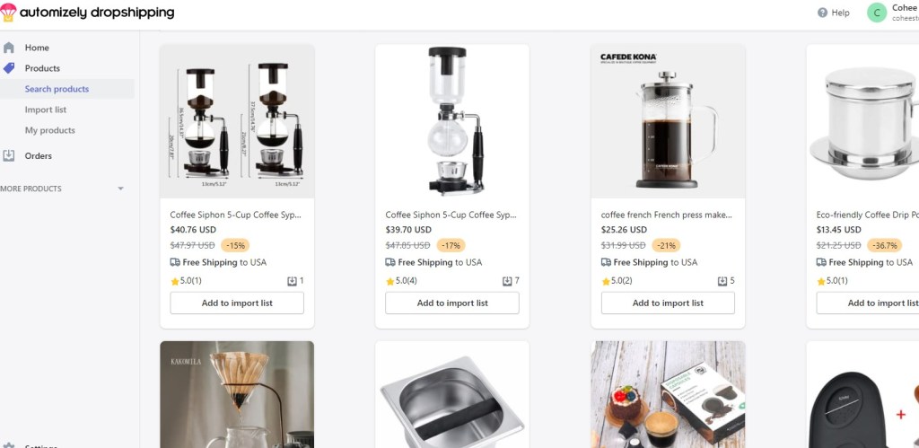 Coffee dropshipping products on Automizely
