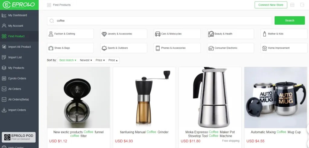 Coffee dropshipping products on EPROLO