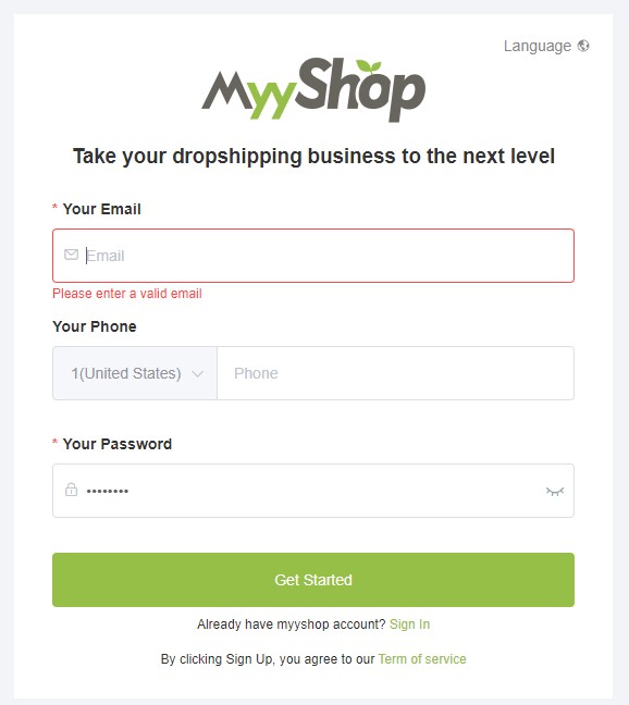 MyyShop signup page