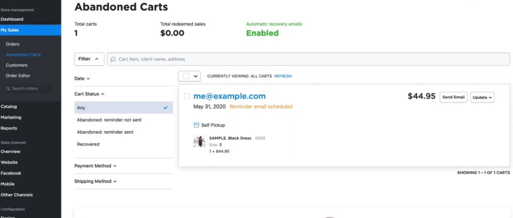 Ecwid abandoned carts feature
