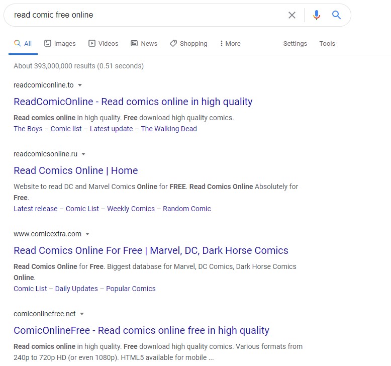 Exact match domain names for "read comic online free" in Google search results.