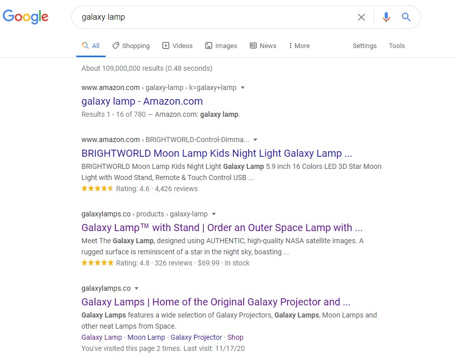 Google search results for "galaxy lamp"
