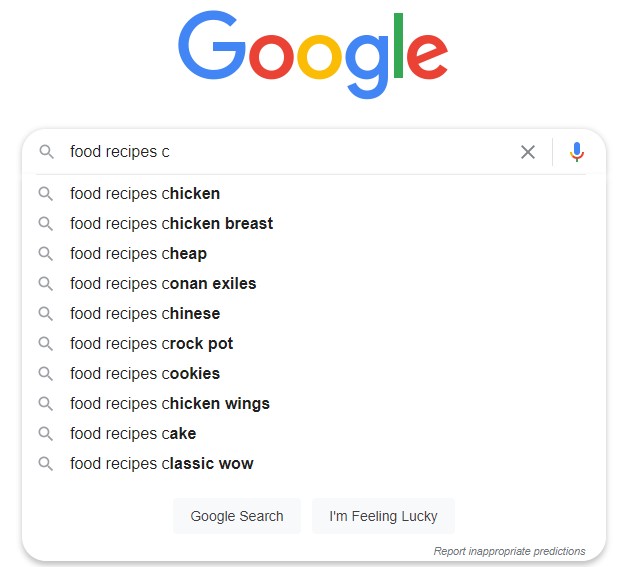 Google Autofill for "food recipes c"