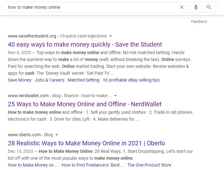 Google search results for "how to make money online"