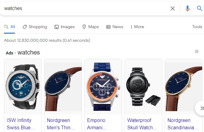 Google Shopping for watches example