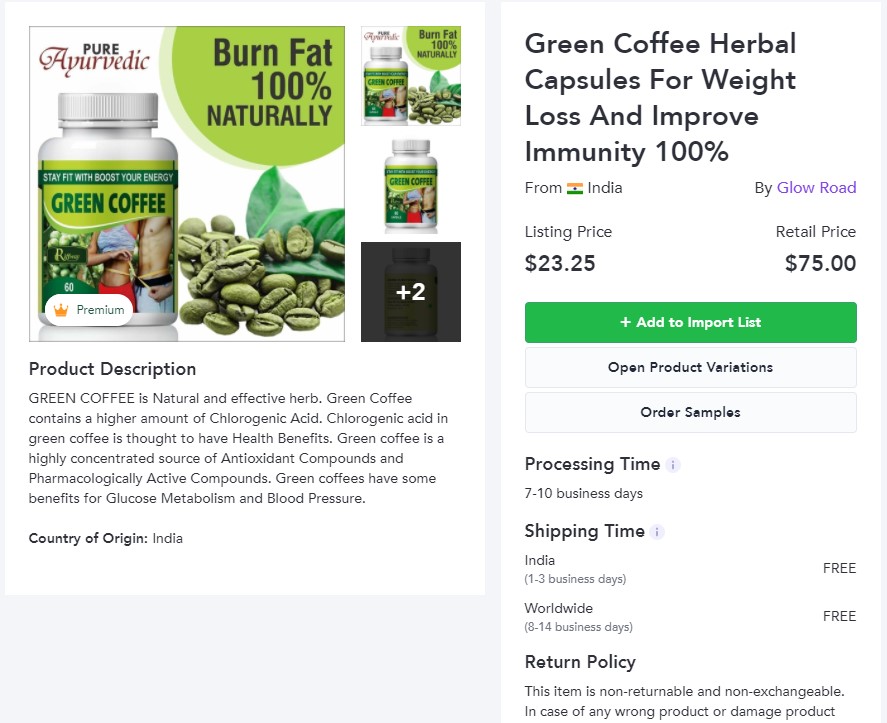 Green coffee dropshipping product example