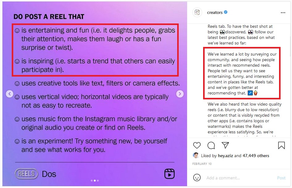Instagram recommends entertaining, interesting, and inspiring Reels