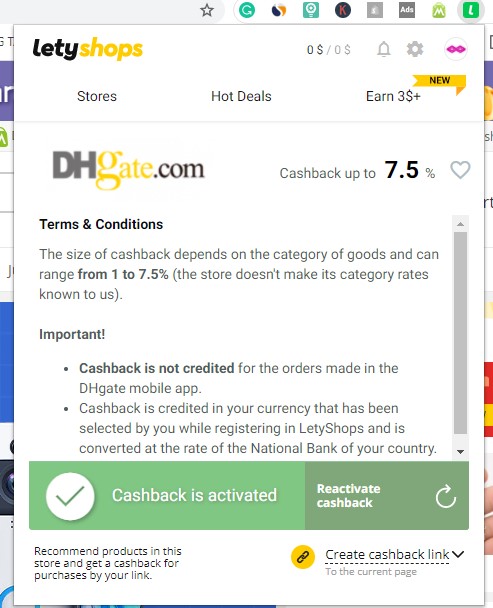 LetyShops cashback service activated successfully on DHgate