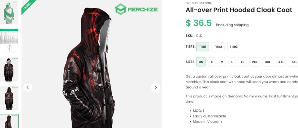Merchize hooded cloak print-on-demand supplier