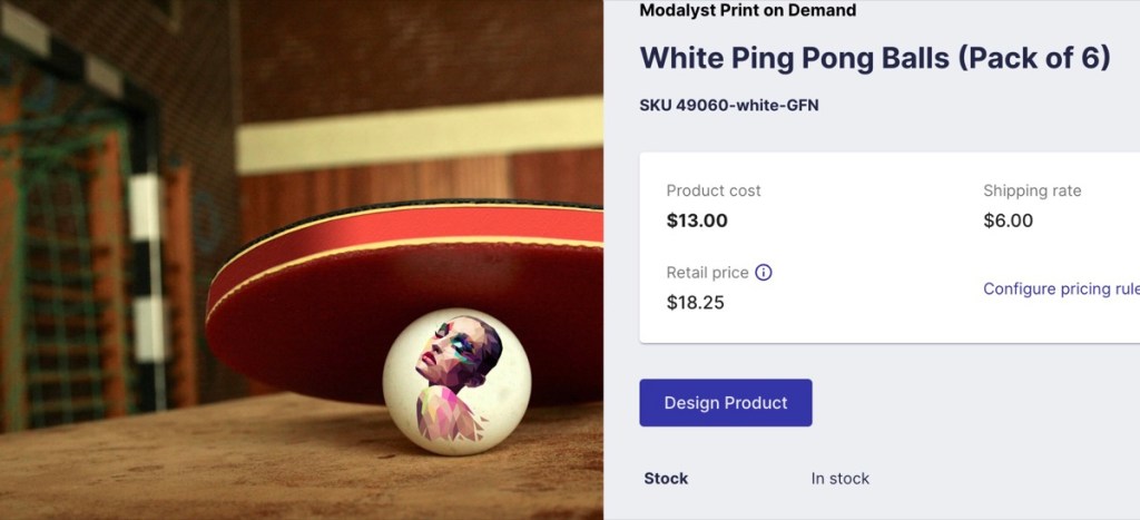 Modalyst ping pong ball print-on-demand supplier
