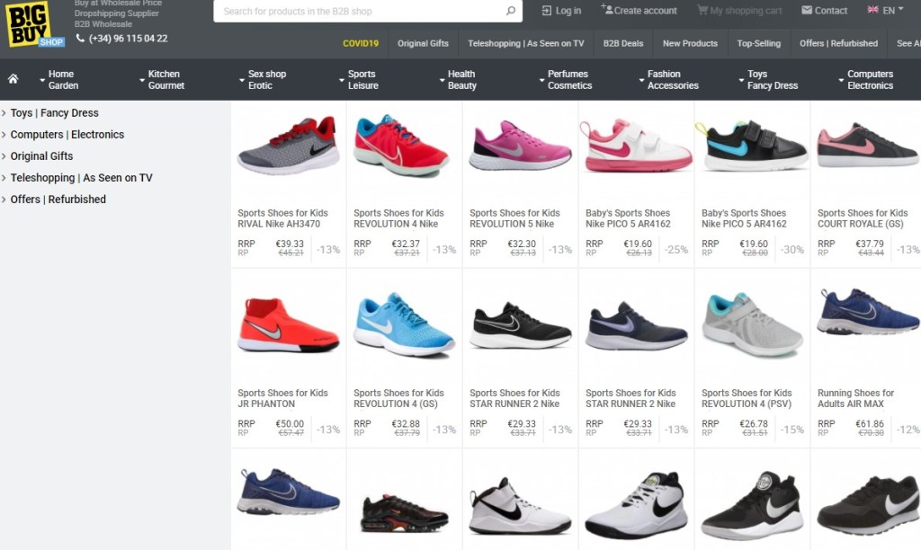 Nike & Adidas dropshipping shoes on BigBuy