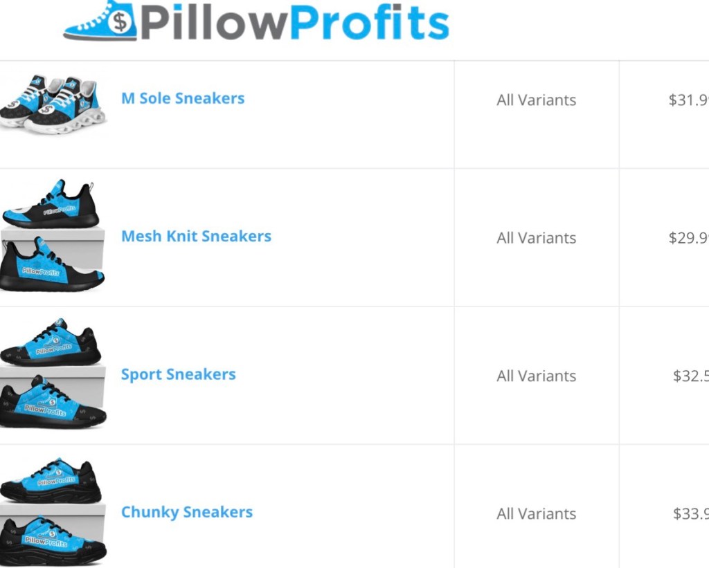 PillowProfits shoes & sneakers print-on-demand suppliers for Shopify