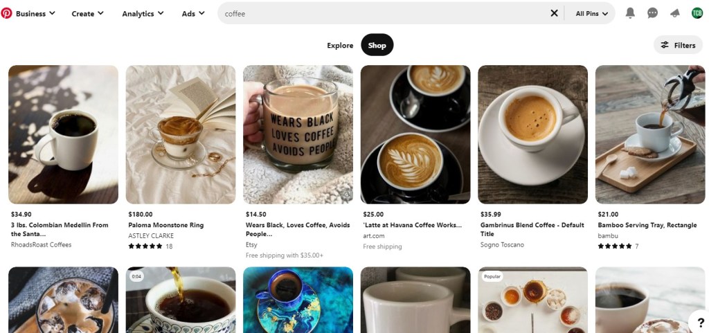 Pinterest search results for coffee