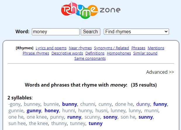 Rhymes for "money"