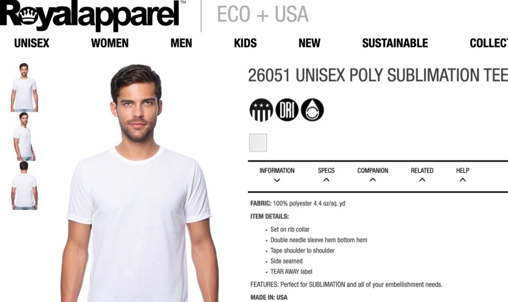 Royal Apparel wholesale sublimation blank t-shirt supplier