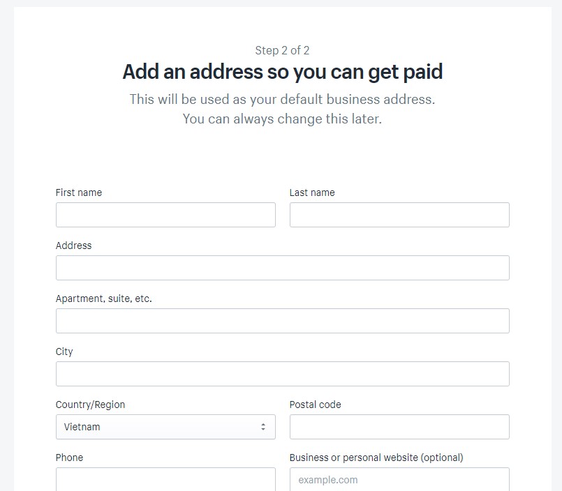 Shopify address setup form