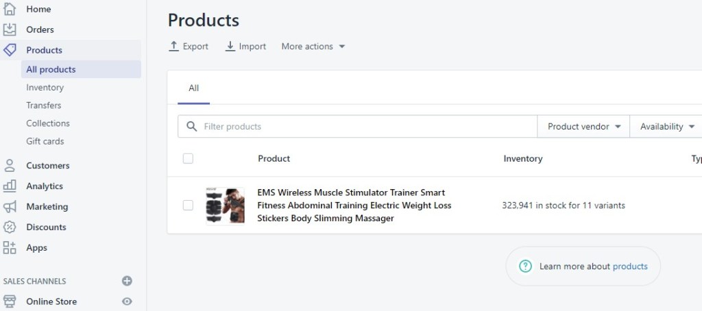 Shopify all-products tab