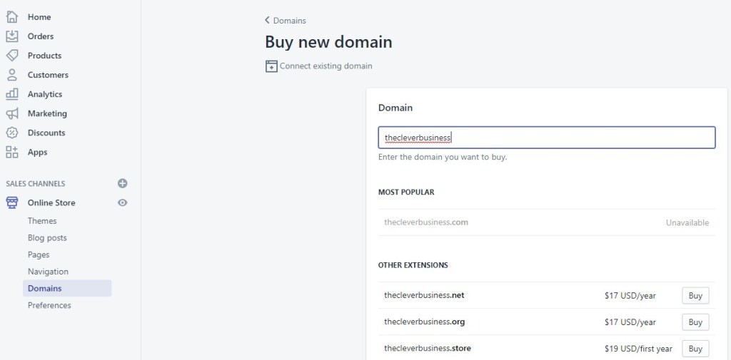 Shopify buy-new-domain button