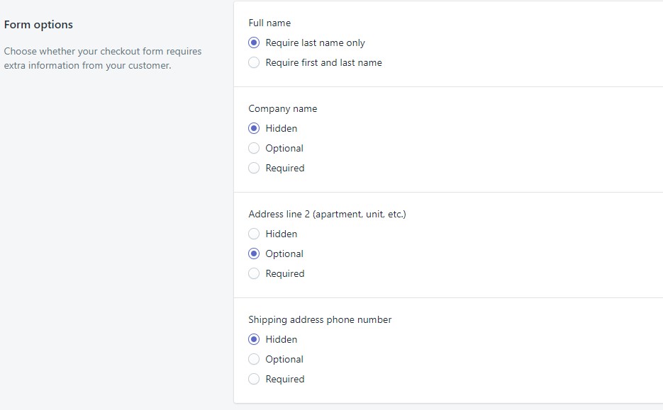 Shopify checkout form settings