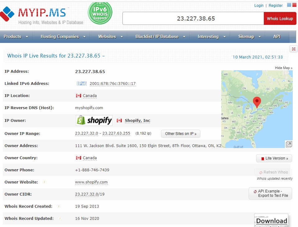 Shopify's IP Adrress information on Myip.ms