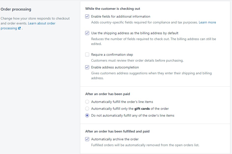 Shopify order processing settings