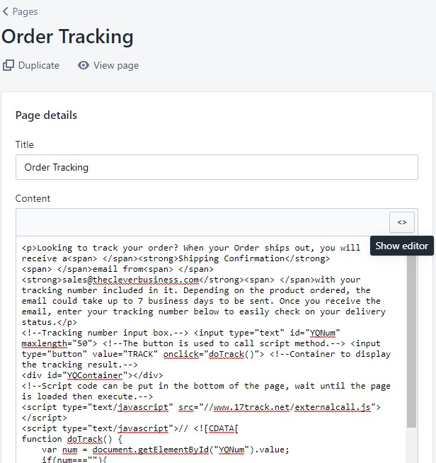 Shopify order tracking page editor