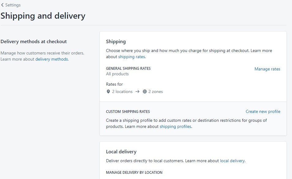 Shopify shipping and delivery settings