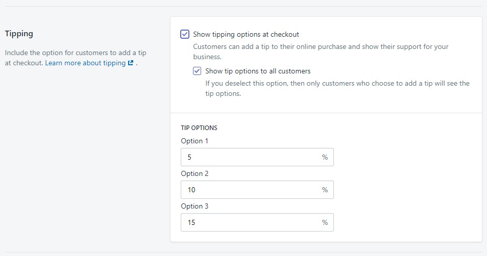 Shopify tipping settings