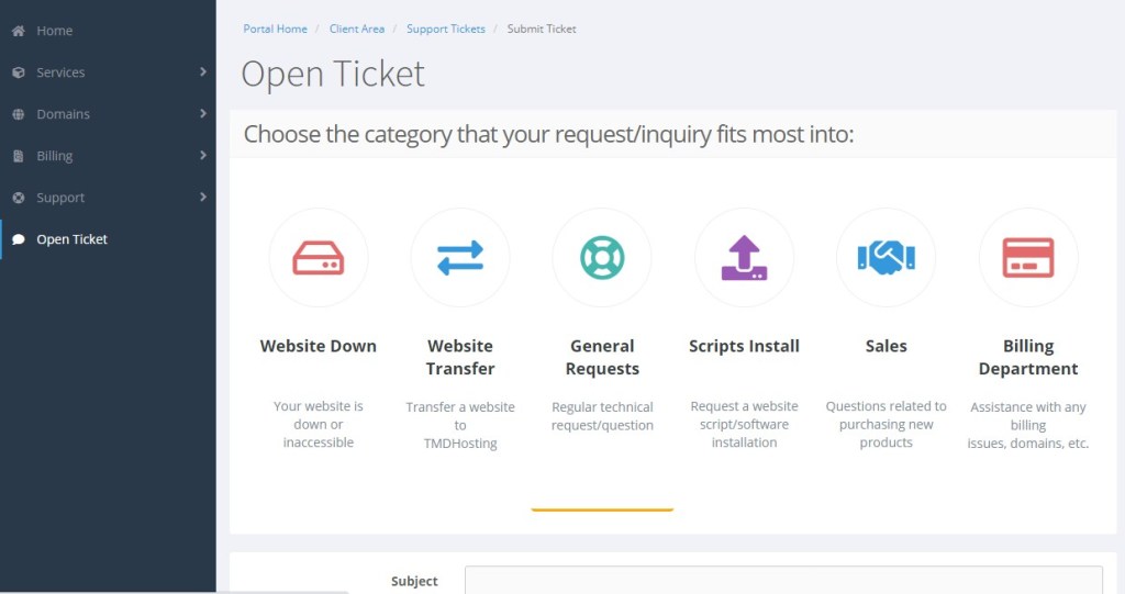 TMDHosting open-a-support-ticket button