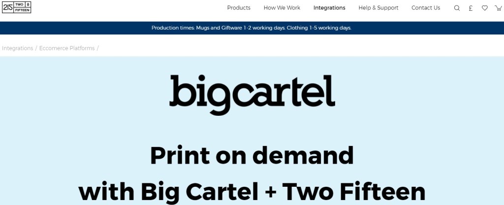 TwoFifteen Big Cartel print-on-demand dropshipping supplier
