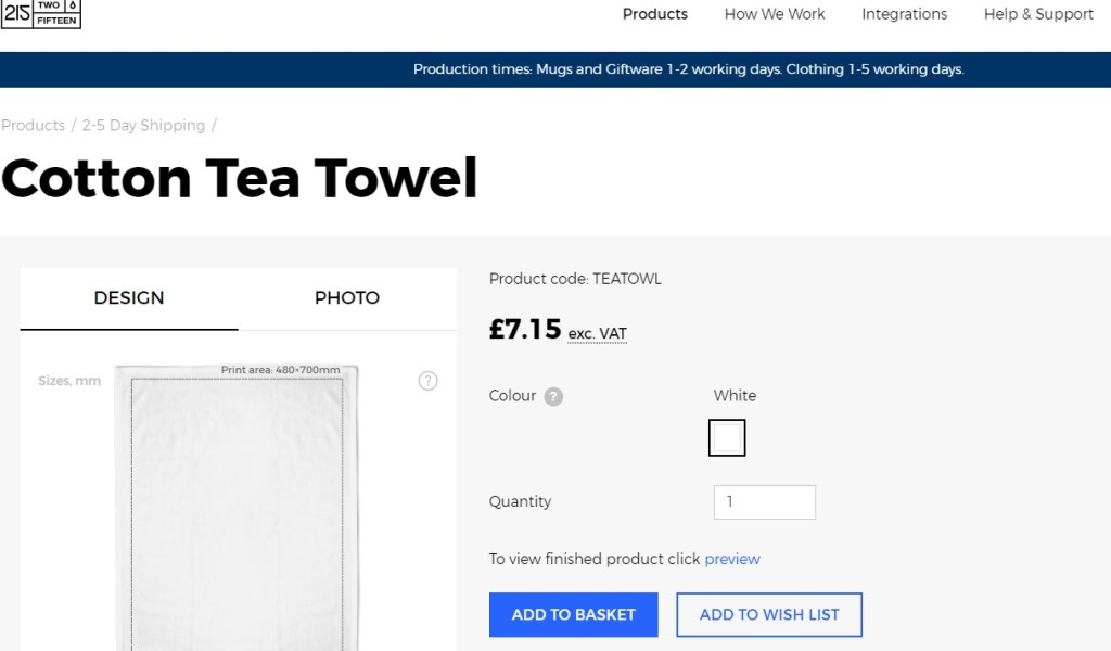 TwoFifteen tea towel print-on-demand company
