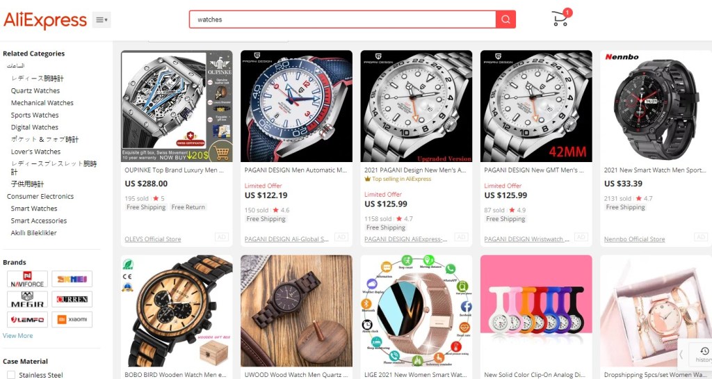 Watches dropshipping products on AliExpress