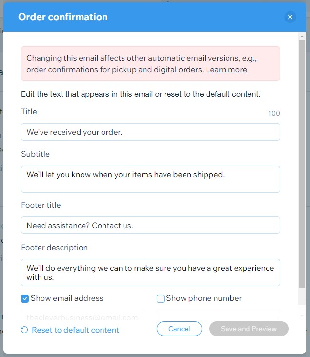 Wix email notification template customization