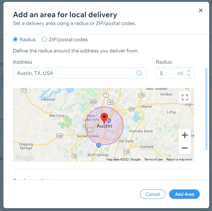 Wix local delivery