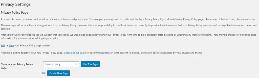 WordPress privacy policy settings
