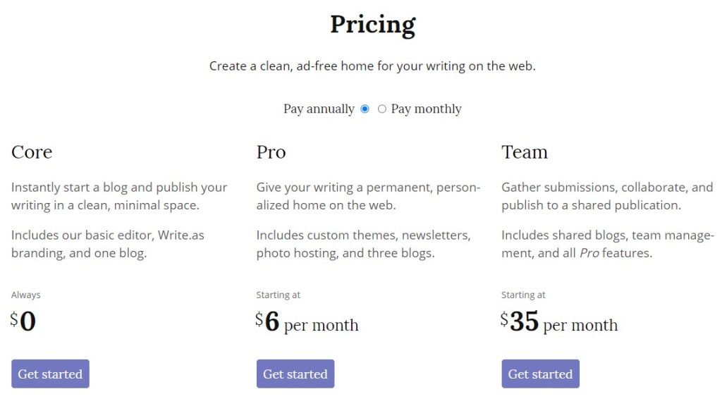 Write.as blogging platform pricing