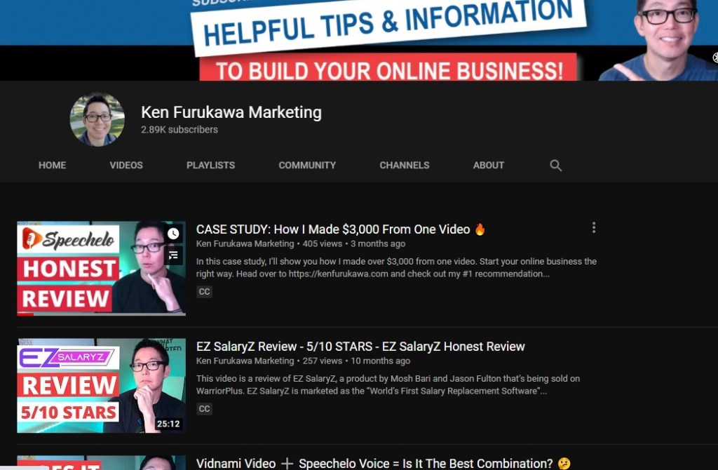 Affiliate marketing YouTube channel example
